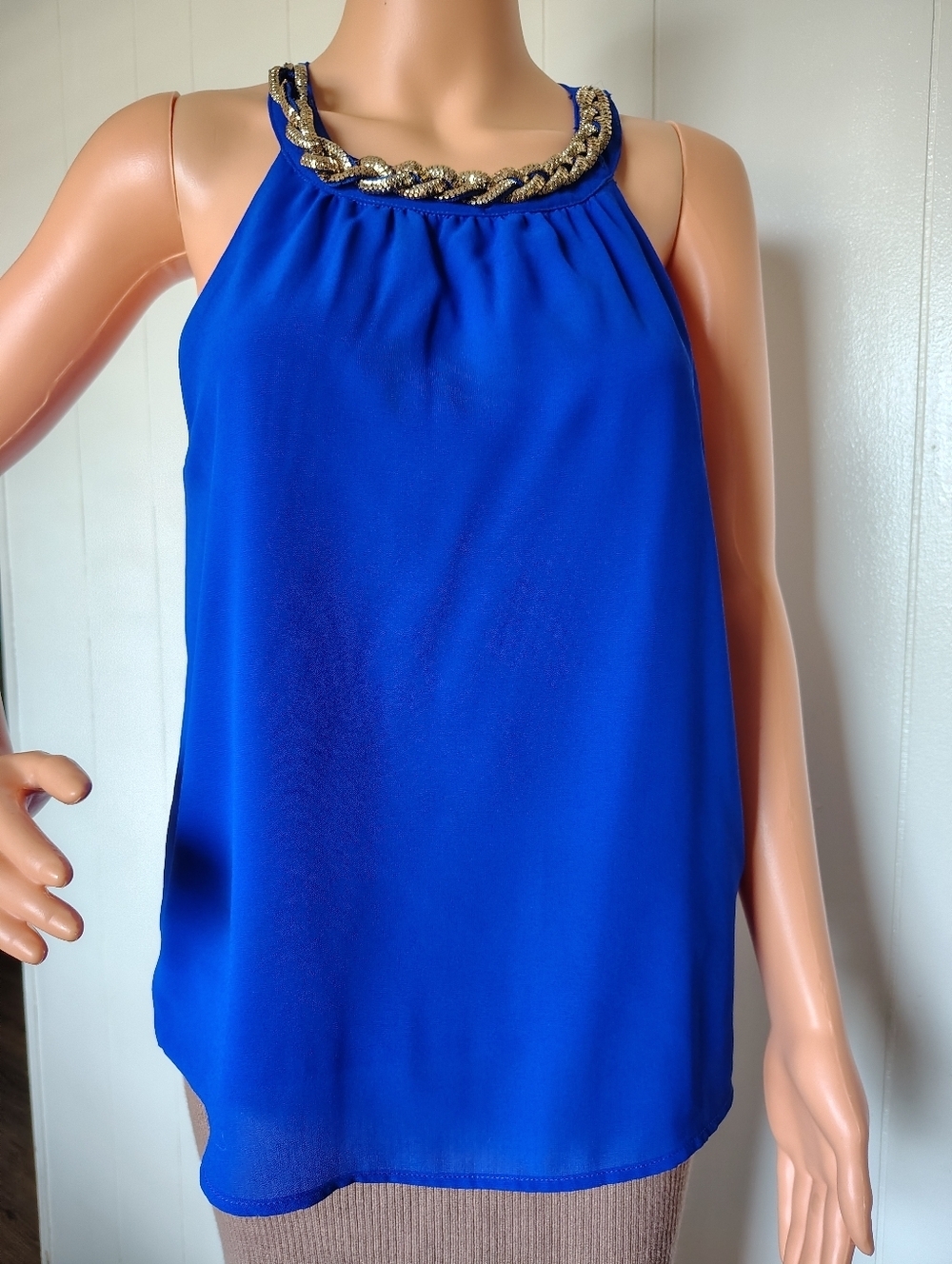Poetry Women’s Beaded Neck Halter Tank Top - Cobalt Blue Size M